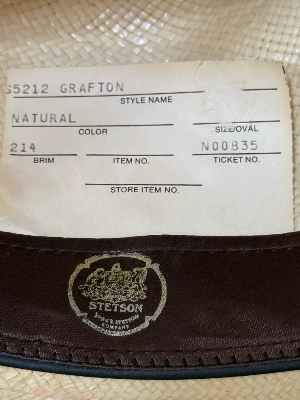 Stetson Natural Straw Hat with Brown Sweatband Large 7 1/4” - 7 3/8”